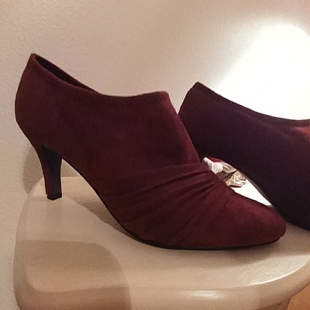 Merlot colored suedy stretch bootie high heels